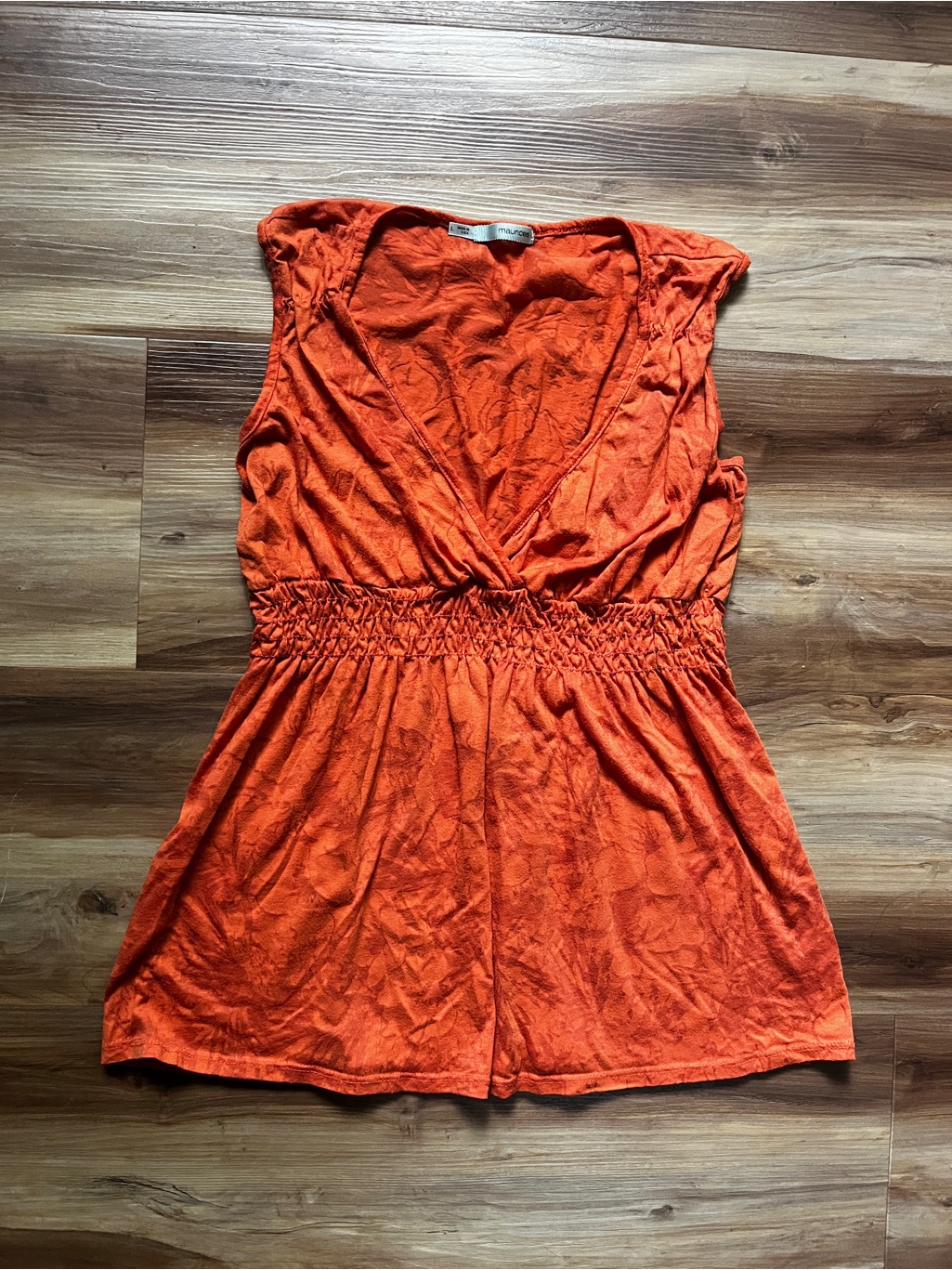 Sleeveless V-Neck Smocked-Waist Blouse In Orange